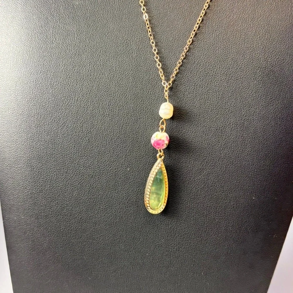 Pendant Necklace Gold Green Teardrop Floral Rose Bead Cottagecore Whimsygoth
